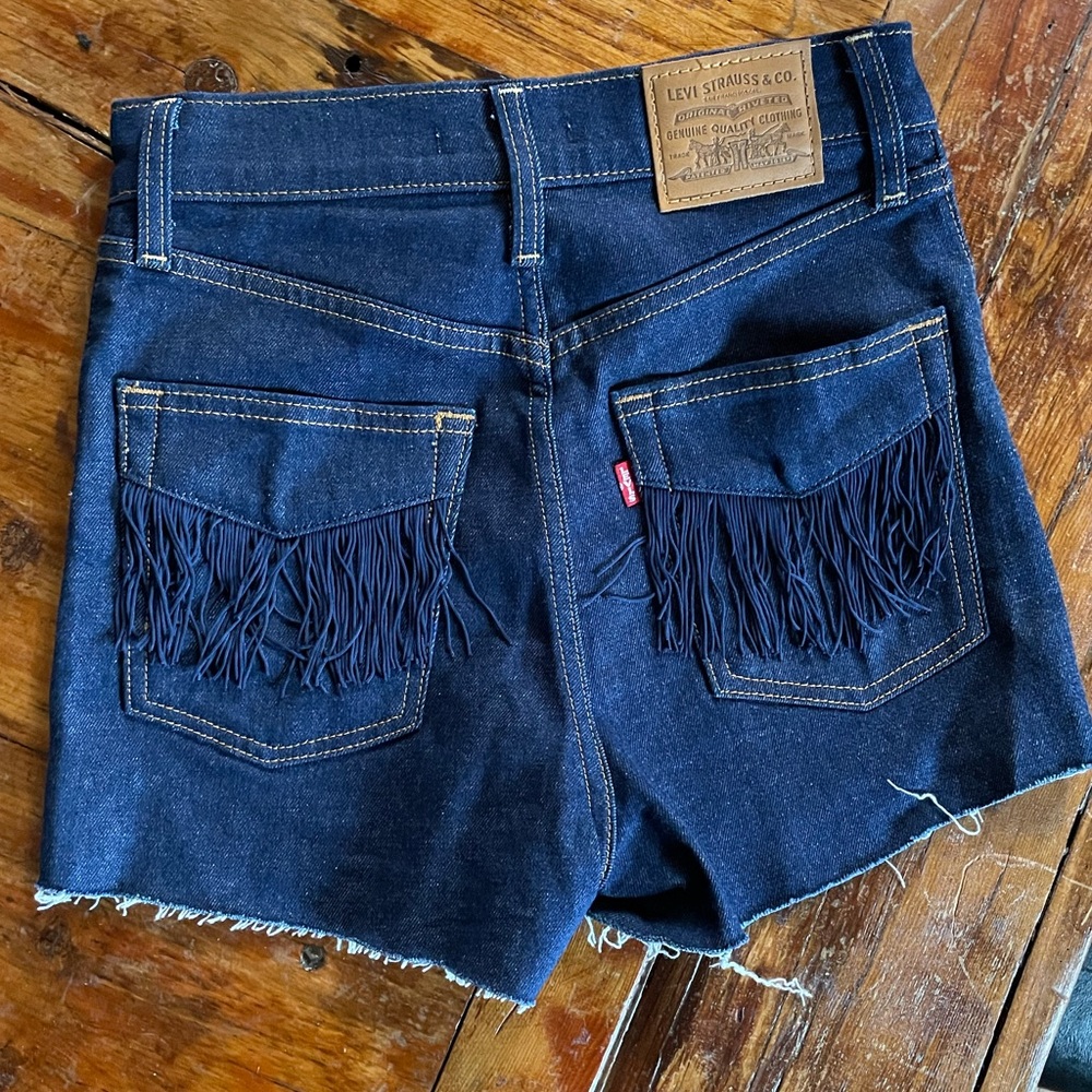 Levi's High Waist Denim Shorts with Fringe - Dark Blue